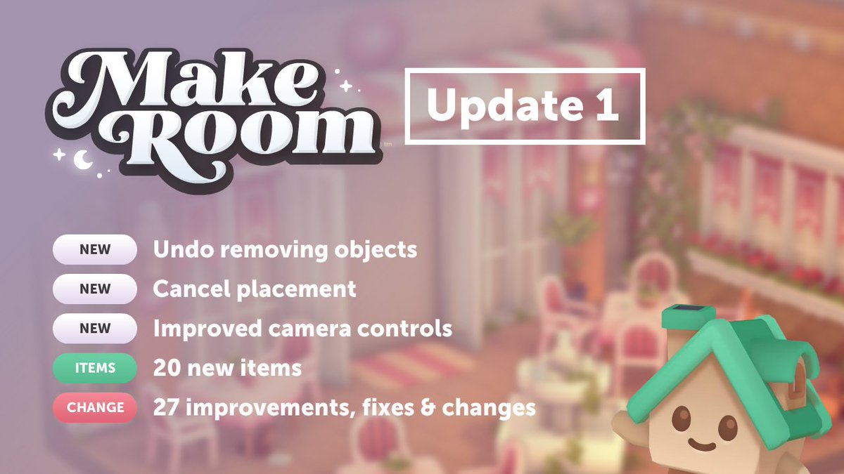 The very first update of #MakeRoom has been released! ✨ It adds undo, cancel placement, improved camera controls, tons of changes and new items!

You'll find the full changelog here:
store.steampowered.com/news/app/22126…