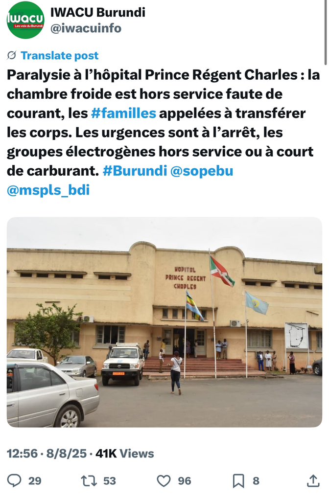iMuserem's tweet photo. En quelques jours à peine, @AntoineKaburahe et son journal @iwacuinfo ont rivalisé en multipliant des contenus révélant une stratégie de manipulation bien rodée.

Le 8 août, Iwacu affirme qu’à l’hôpital Prince Régent Charles, la chambre froide est hors service faute de courant, que les familles sont appelées à retirer les corps et que les urgences sont paralysées faute de carburant.
La réalité est que le @mspls_bdi confirme un incendie ayant endommagé un groupe électrogène, mais rassure que l’incident a été rapidement maîtrisé, sans interruption des soins ni appel aux familles. D’où viendrait donc cette “convocation” ? Un appel entendu uniquement par Iwacu ? @AntoineKaburahe et son média auraient-ils répondu à leur propre appel pour “retirer leurs morts” ?

Le 9 août, éhonté et fort de son impunité, Kaburahe publie une caricature macabre évoquant des “morts qui se révoltent” et des “dégelés” marchant sur Bujumbura, prétendant que le pouvoir craint une alliance entre morts et moribonds. (Des deux groupes, je me demande de quel côté il se situe…)
Cet “humour noir” n’informe pas, mais choque gratuitement, exploite un sujet sensible et tente d’installer la méfiance envers les institutions.(Heureusement sans effet)
Jamais dans la culture burundaise, personne d’autre ne s’est moqué des morts dans les médias ou sur la place publique. En voici donc une invention à la Kaburahe. 

🔴 Un procédé récurrent : 
Exagérer, inventer ou détourner un fait réel pour peindre un tableau de chaos, avec pour cible constante les institutions publiques, dénigrées même lorsqu’elles réagissent efficacement.

🔴 Un but implicite : 
Entamer la confiance du citoyen, installer une perception de crise permanente et transformer l’actualité en arme de propagande.

🔴 Les faits sont têtus : 
Derrière la “satire” qui n’en est pas une et les titres chocs, il n’y a pas d’information mais de la manipulation. Ce double épisode devrait intéresser la @CNC_BURUNDI, car il illustre un pattern dangereux pour l’intégrité de l’information publique.

En attendant, observons et attendons leur prochain épisode… avec un air moqueur.