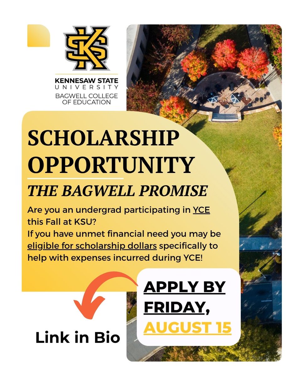 ‼️ You may be eligible for a YCE scholarship - Deadline to apply is Friday, AUGUST 15!
🔗 ➡️ Application Link in Bio
#BagwellCollege #KSU #YCE