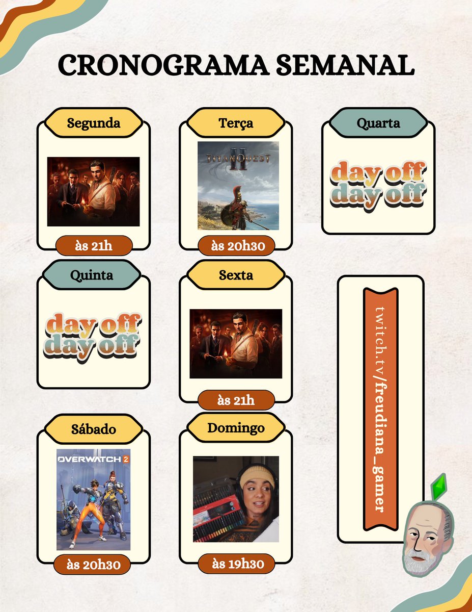 freudiana_gamer's tweet photo. 🗓️ cronograma da semana 

• seg as 21h - papinhos + mafia the old country
• ter as 20h30 - papinhos + titan quest II
• sex as 21h -papinhos + mafia the old country
• sab as 20h30 - papinhos + especial remember de OW 2
• dom as 19h30 - chaibbie goods + papo sobre a vida https://t.co/hNyJ0xTemF
