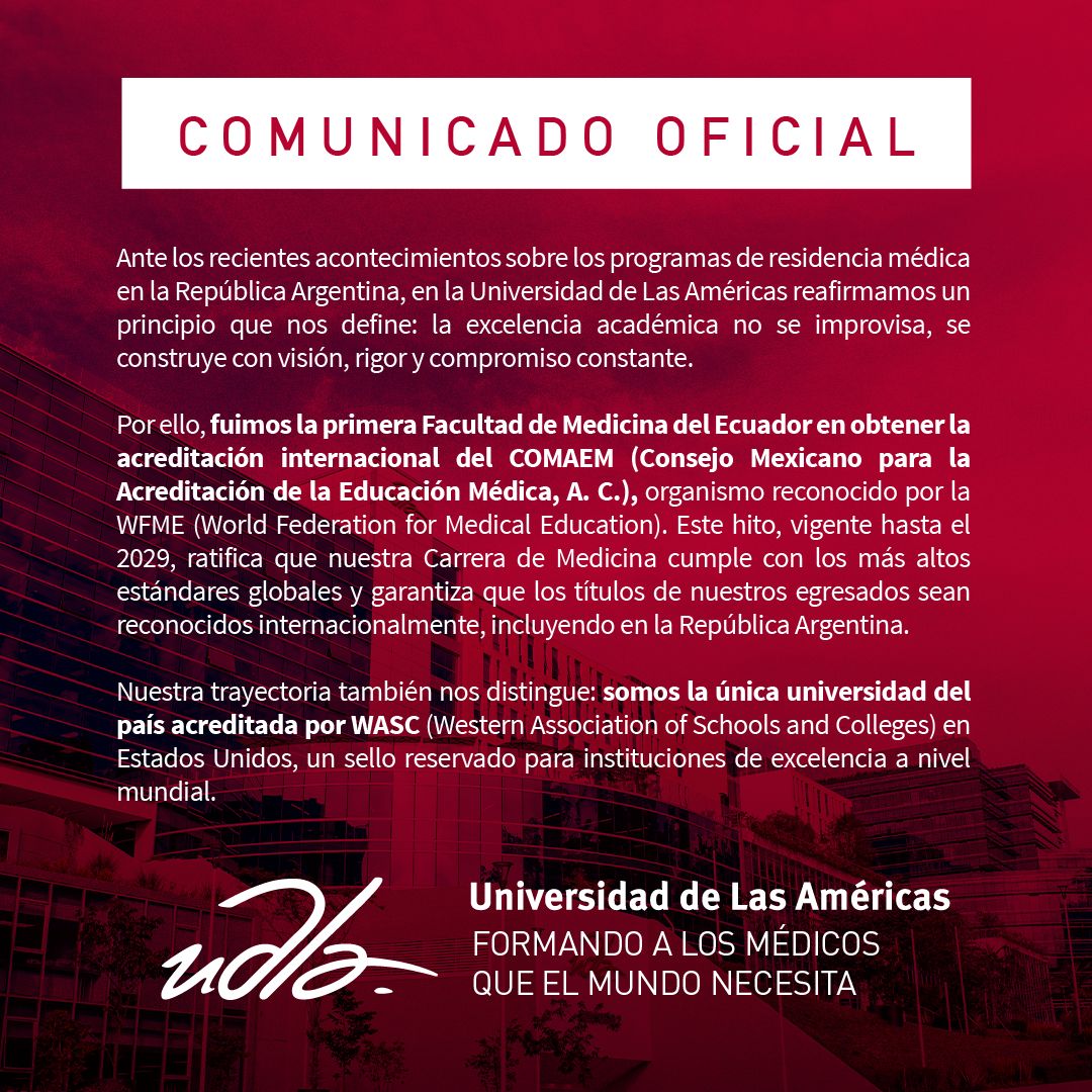 Fuimos los primeros en Ecuador en obtener la acreditación WFME – COMAEM en Medicina.
✅ Vigente hasta 2029, asegura excelencia académica y reconocimiento internacional de nuestros títulos.

Conoce la nota completa aquí:
primicias.ec/branded/udla-a…

Formamos a los médicos que el