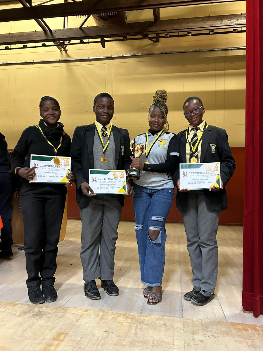 hagedebate's tweet photo. Congratulations to the triple edge for scooping victory at the Cluster 1 Debate Championships!!
Speakers: Vivienne Alfred, Johanna Shikongo and Johannes Johannes. https://t.co/OpKsXBncgw