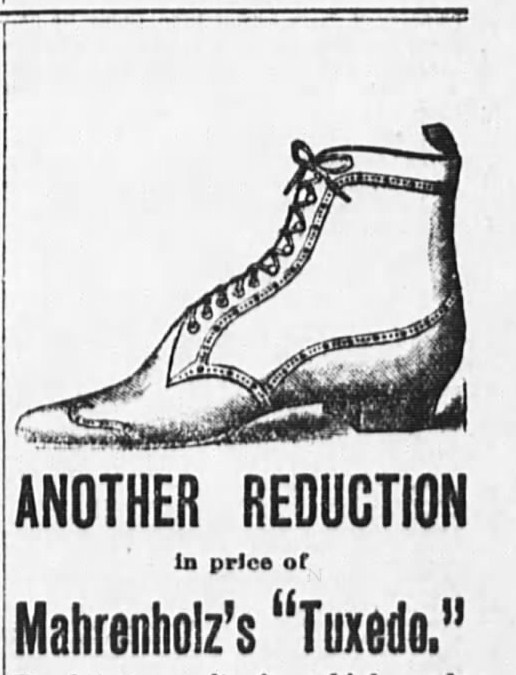 In 1876, for the Centennial Exposition in Philadelphia, a man named Mahrrnholz submitted a pair of human skin boots for display (the white boots on the left), along with anaconda snake skin boots. Mahrenholz also sold boots under fancy names, like Tuxedo.