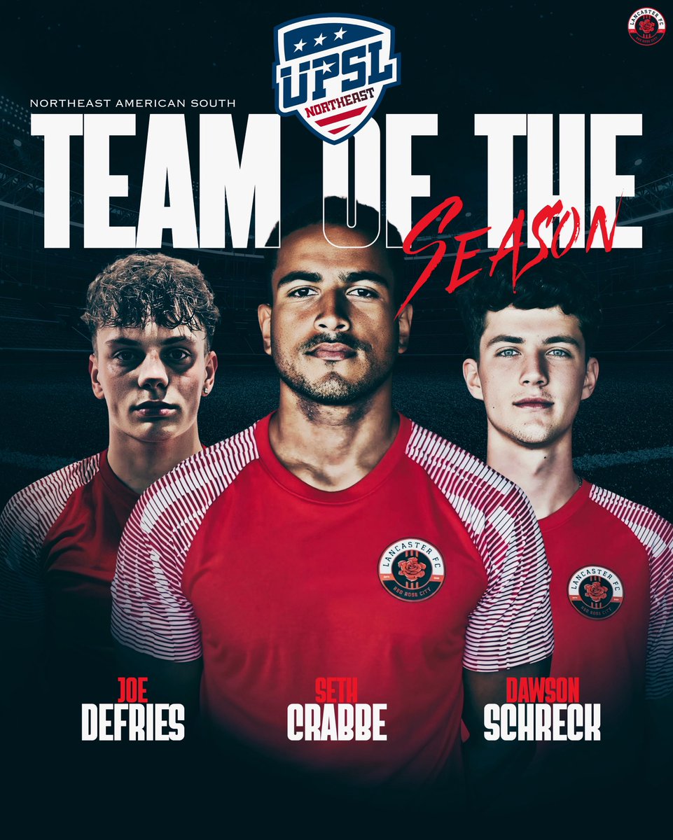 LancasterFCTV's tweet image. Huge congratulations to Seth Crabbe, Dawson Schreck, and Joe Defries on being named in the Northeast American South Team of the Season!

All three have produced outstanding performances throughout the campaign, and it’s fantastic to see their hard work and fine form recognised.