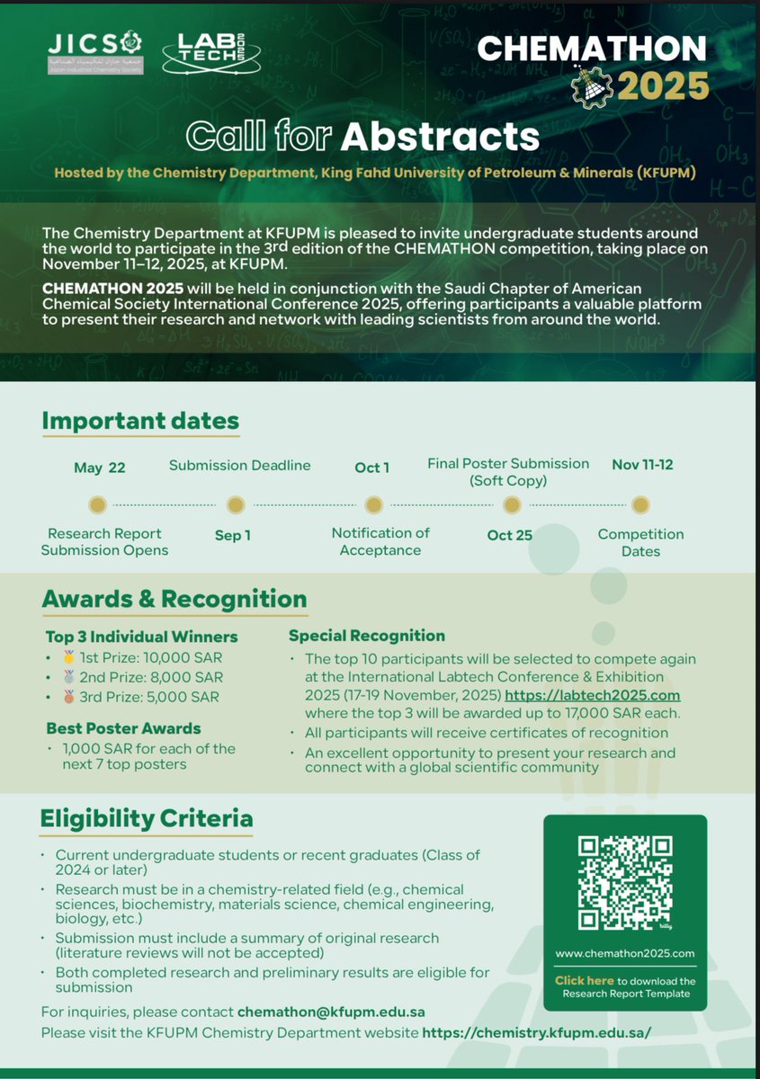 aasiri's tweet photo. يسر قسم #الكيمياء في جامعة الملك فهد للبترول والمعادن (KFUPM) دعوة الطلاب الجامعيين للمشاركة في النسخة الثالثة من CHEMATHON، وهي مسابقة دولية للطلاب مرحلة البكالوريس، التي ستعقد في الفترة من 11 إلى 12 نوفمبر 2025، في جامعة الملك فهد للبترول والمعادن.

https://t.co/znL5aZbZgj https://t.co/6E72v2O8qg