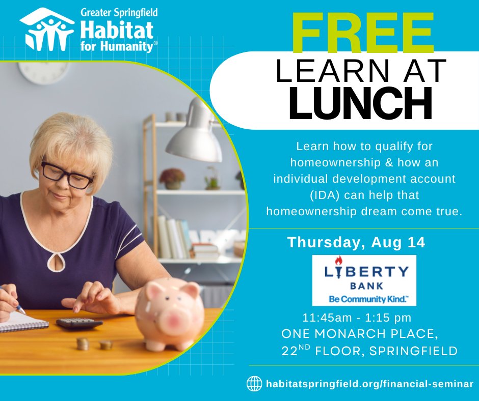 Greater Springfield Habitat for Humanity (@gshfh) on Twitter photo Join us for a FREE Learn at Lunch! 🍽️ Discover how to qualify for Habitat homeownership and boost your savings with an IDA. Your future starts now! 💰✨ <a href="/LibertyBank_CT/">Liberty Bank</a>
👉 Register: habitatspringfield.org/financial-semi…
#HabitatSpringfield #FinancialFreedom Join us for a FREE Learn at Lunch! 🍽️ Discover how to qualify for Habitat homeownership and boost your savings with an IDA. Your future starts now! 💰✨ <a href="/LibertyBank_CT/">Liberty Bank</a>
👉 Register: habitatspringfield.org/financial-semi…
#HabitatSpringfield #FinancialFreedom