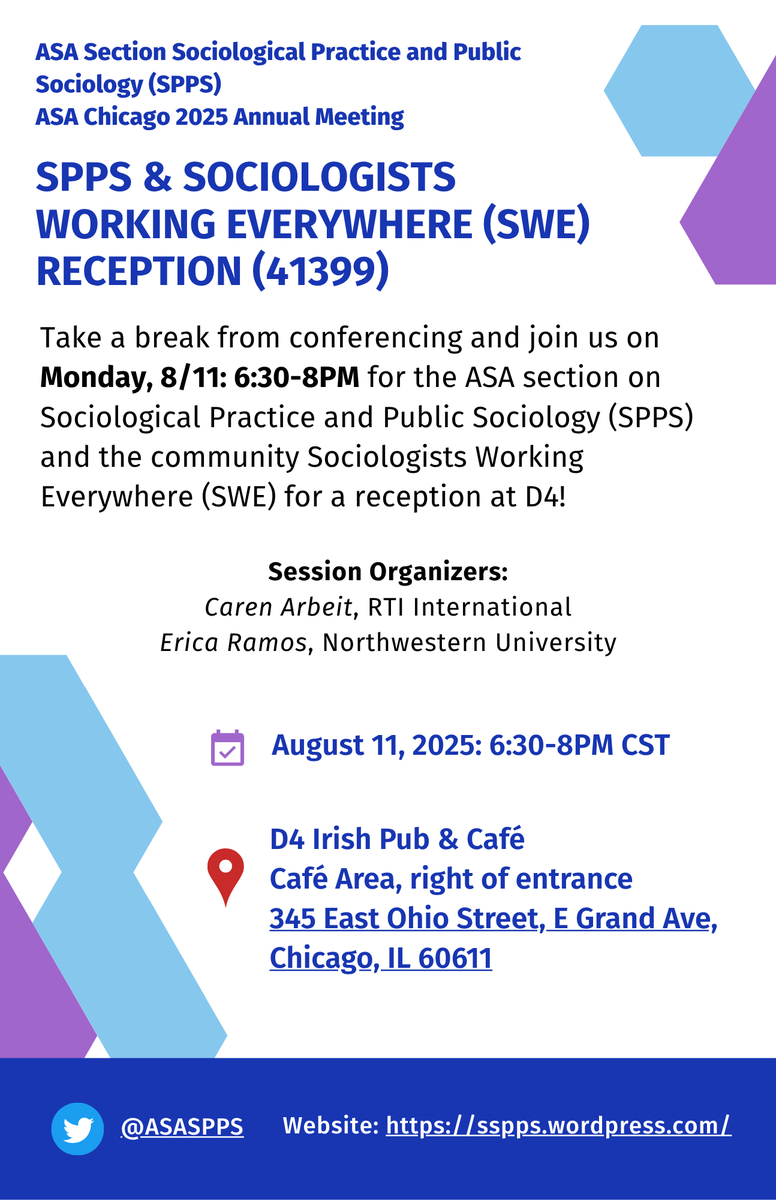 Good Morning! Take a break from conferencing and join #ASASPPS &amp; Sociologists Working Everywhere (SWE) for this evening's Mon, 8/11: 6:30-8PM (41399) reception at D4 (345 E Ohio Street, E Grand Ave) in the Cafe area!

#ASA2025 #appliedsociology #publicsociology