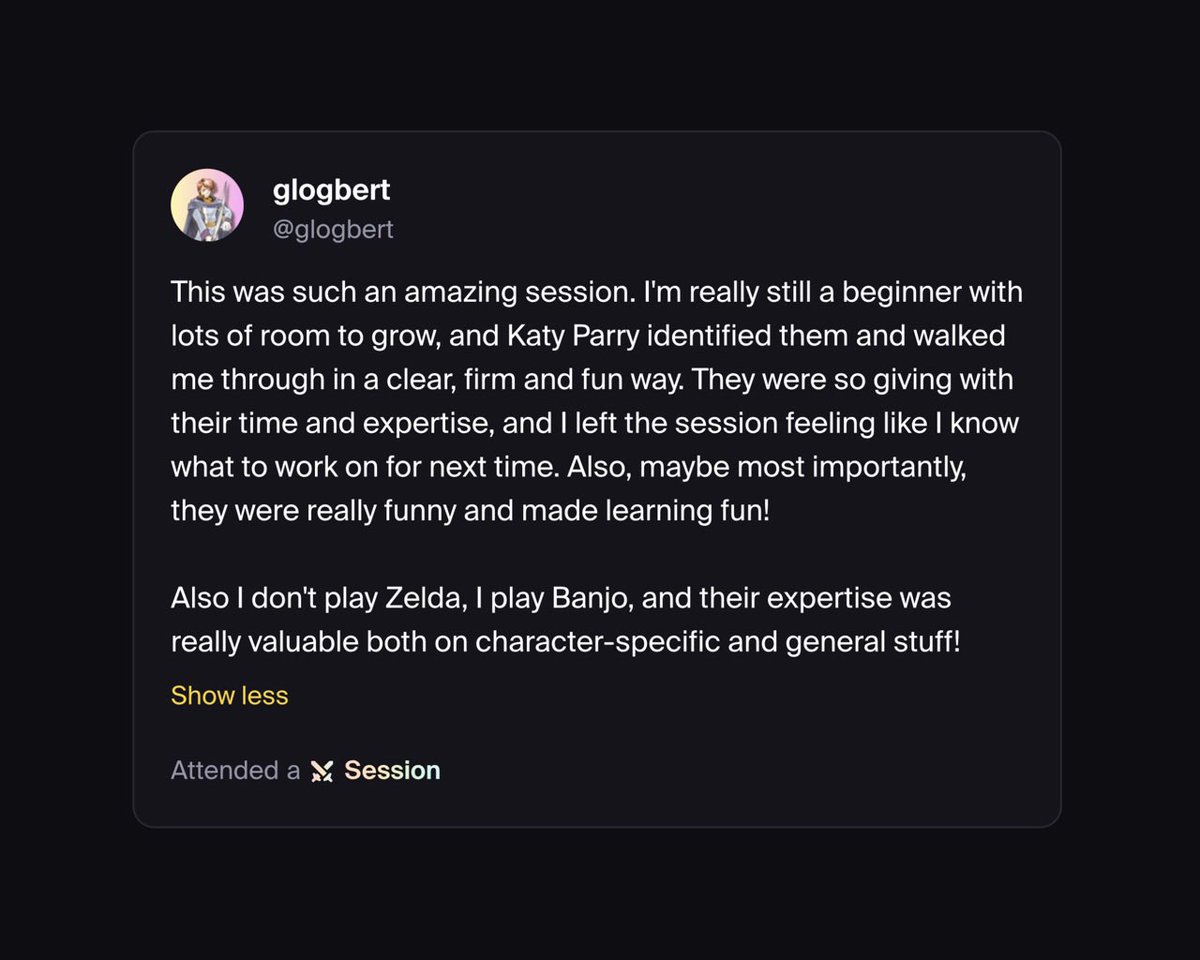 MG | Katy Parry (@katyparrygg) on Twitter photo 🔥 Feeling inspired after <a href="/SuperSmashCon/">Supernova 2025</a>?
📖 Preparing to lock in for <a href="/CollisionSmash/">Collision Gaming Series</a>?
Don’t time yourself out - get 40% off all coaching sessions from the “best coach on <a href="/TryMetafy/">Metafy</a> - and it’s not particularly close.”
Link below. ⬇️ Reviews right here: 🔥 Feeling inspired after <a href="/SuperSmashCon/">Supernova 2025</a>?
📖 Preparing to lock in for <a href="/CollisionSmash/">Collision Gaming Series</a>?
Don’t time yourself out - get 40% off all coaching sessions from the “best coach on <a href="/TryMetafy/">Metafy</a> - and it’s not particularly close.”
Link below. ⬇️ Reviews right here: