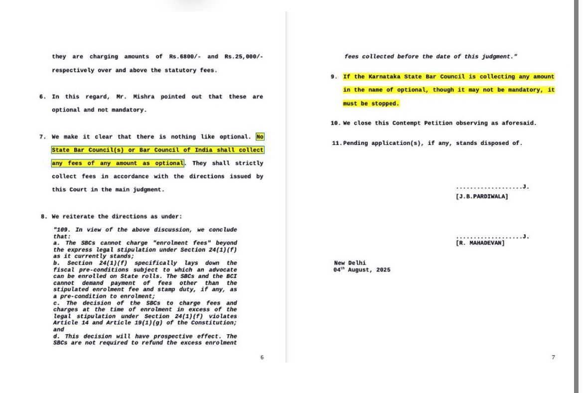 SC to Bar Councils:
“No optional fees during enrolment — only statutory fee + stamp duty.”

Started with a Karnataka case, applies all India.
No welfare fund, library fee, or “voluntary” charges allowed.

#SupremeCourt #LegalNews #BarCouncil