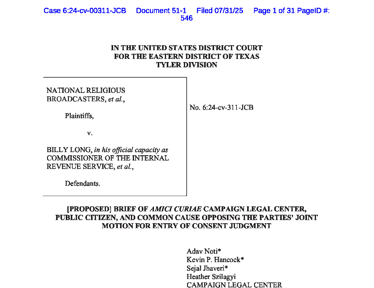 CampaignLegal's tweet photo. NEW: We filed an amicus brief to defend against the Trump admin’s unlawful attempt to let religious orgs engage in partisan politics.

This could create a new class of “super dark money groups” that not only funnel secret money into elections — but get a tax write-off for it. https://t.co/KBrVDv3sGe