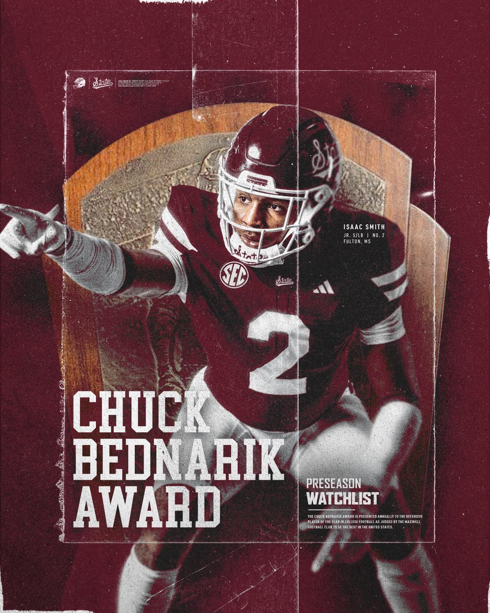Mississippi State Football (@hailstatefb) on Twitter photo SEC Tackle Leader โก๏ธ Bednarik Award Watch List
๐ฐ: hailst.at/3UjVTR7
#HailState x <a href="/isaacdsmith/">Isaac Smith</a> SEC Tackle Leader โก๏ธ Bednarik Award Watch List
๐ฐ: hailst.at/3UjVTR7
#HailState x <a href="/isaacdsmith/">Isaac Smith</a>
