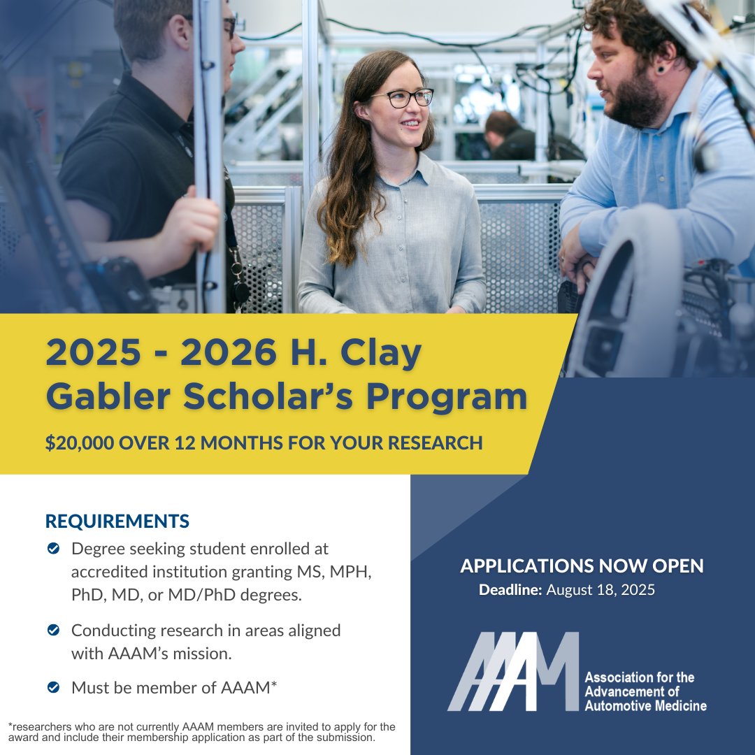 ⌛️Attention students: There is only one week left to apply for the 2025-2026 H. Clay Gabler Scholar's Program, worth $20,000!

Applications close Monday, Aug. 18. Share your traffic safety research with industry experts: heyor.ca/7EMGrH

#AAAM #RoadSafety