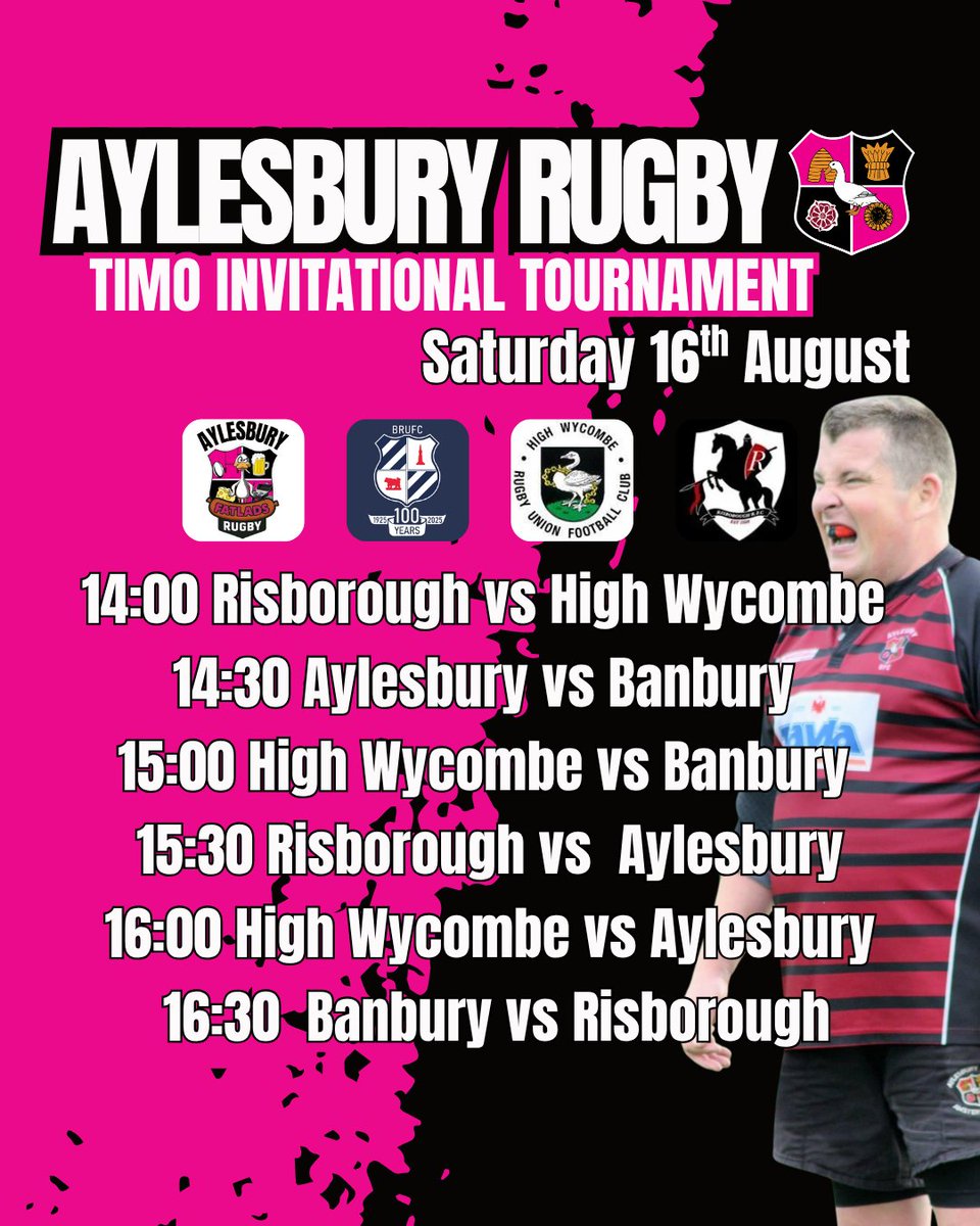 🏉 TIMO INVITATIONAL TOURNAMENT – SATURDAY 16th AUGUST 🏉

📅 Saturday 16th August 📍 Aylesbury Rugby Club 🕑 14:00 KO

Come down, support your club, and celebrate the spirit of rugby with friends, family, and our rugby community.

#AylesburyRugby #MagentaAndBlack