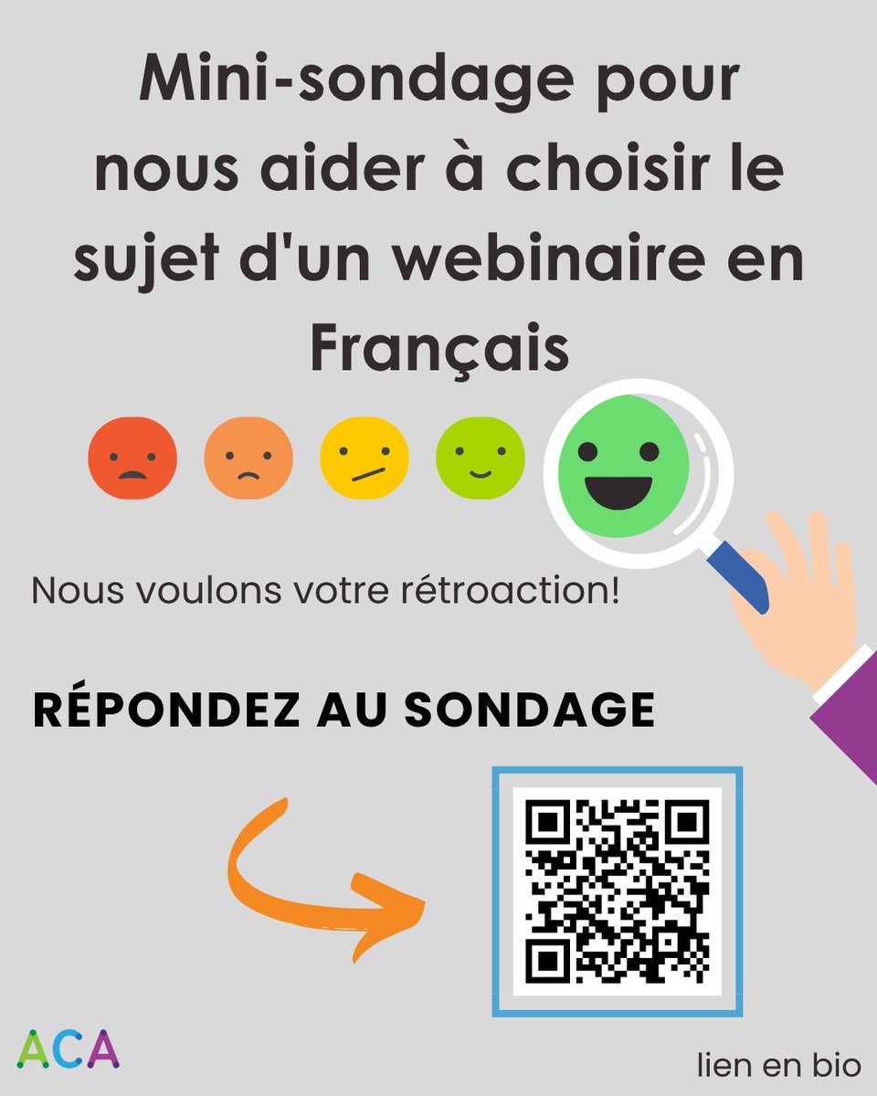 L'ACA est ravie d'annoncer que nous organiserons notre premier webinaire en français ! Afin de mieux servir la communauté de l'ACA, nous demandons à nos membres de remplir ce mini-sondage pour nous aider à choisir le sujet qui VOUS intéresse le plus buff.ly/vvL8YD8