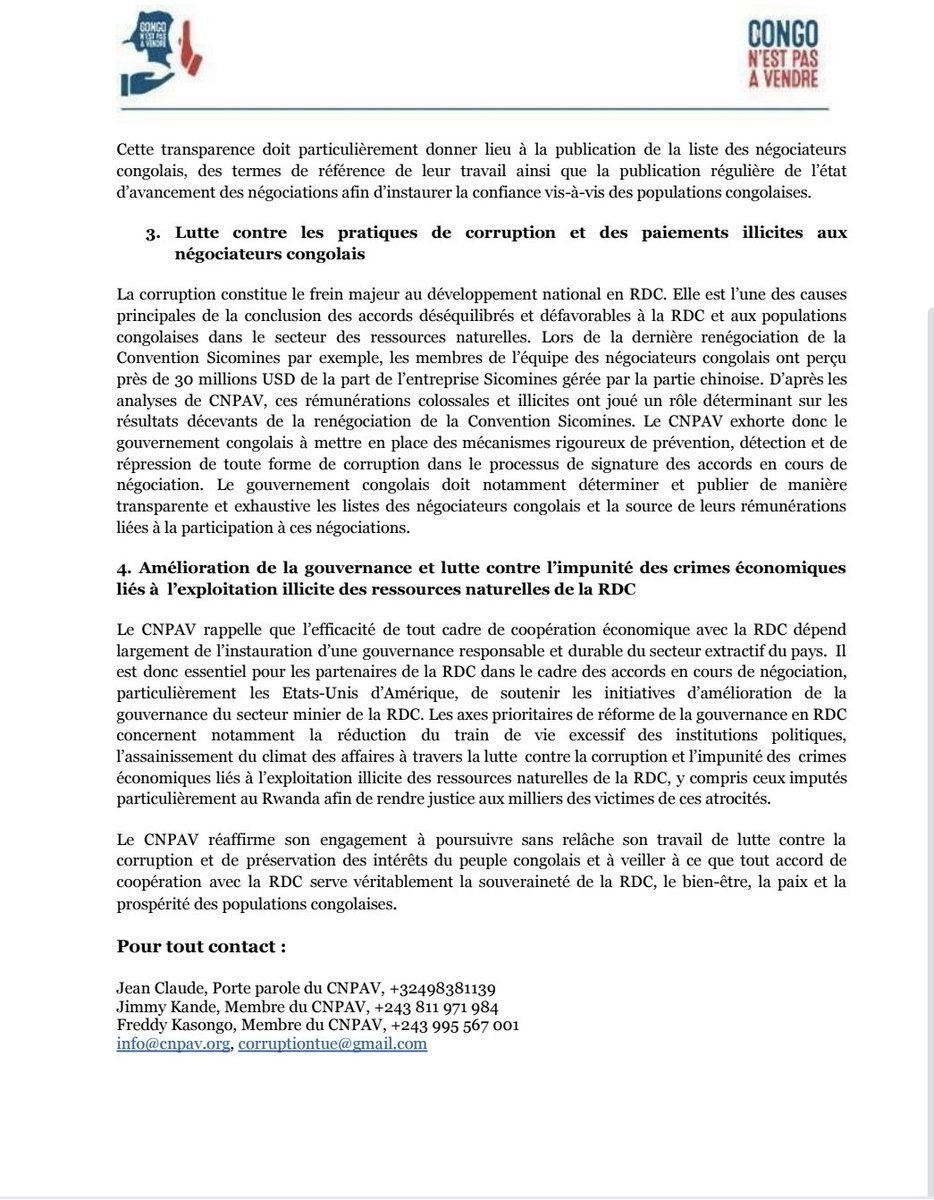 Le #CNPAV appelle à la transparence totale et au respect du Code Minier dans les négociations RDC–Rwanda–USA sur l’exploitation des minerais stratégiques. Les droits et intérêts du peuple congolais doivent primer: corruptiontue.org/2025/08/11/dec…