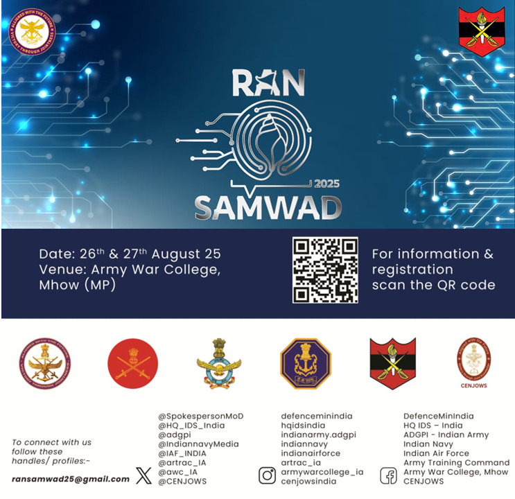 Army War College Mhow (@ia_awc) on Twitter photo #RANSAMVAD2025 Join the #TriServices poll on Disruptive Tech & Future Warfare. Share views on tech infusion, joint warfighting & next-gen strategy for tomorrow’s battlespace. shorturl.at/FYWy7 #FutureWarfare #MilitaryTechnology <a href="/adgpi/">ADG PI - INDIAN ARMY</a> <a href="/artrac_ia/">Army Training Command, Indian Army</a> <a href="/MIB_India/">Ministry of Information and Broadcasting</a> #RANSAMVAD2025 Join the #TriServices poll on Disruptive Tech & Future Warfare. Share views on tech infusion, joint warfighting & next-gen strategy for tomorrow’s battlespace. shorturl.at/FYWy7 #FutureWarfare #MilitaryTechnology <a href="/adgpi/">ADG PI - INDIAN ARMY</a> <a href="/artrac_ia/">Army Training Command, Indian Army</a> <a href="/MIB_India/">Ministry of Information and Broadcasting</a>