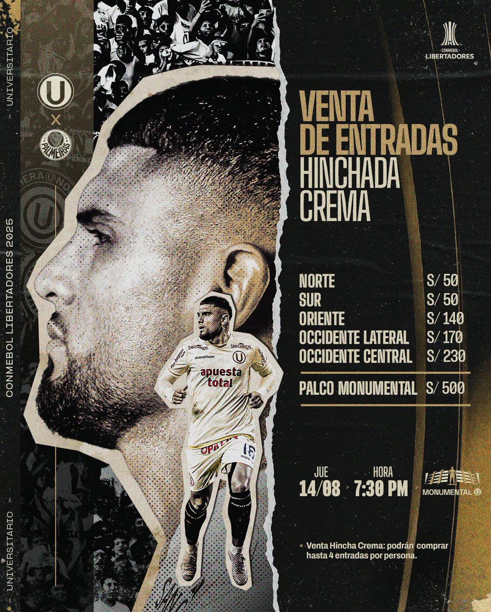 Universitario's tweet photo. 𝗖𝗥𝗘𝗠𝗔 𝗗𝗘 𝗠𝗜 𝗩𝗜𝗗𝗔... 🎶💛

Abrimos la venta general de entradas para nuestro partido ante Palmeiras por los octavos de final de la Copa Libertadores.

🎟️ Adquiere tus entradas aquí ➡️ https://t.co/X8wFvuO0mK

#UnaGarraCopera https://t.co/zC17YRBE0O