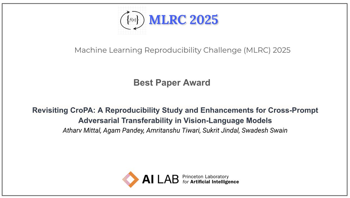 🚨 #MLRC2025 Announcing the best and outstanding paper awards!

Best paper award goes to openreview.net/forum?id=5L90c… 

Congratulations! 🎉🎉 Full list of accepted papers at reproml.org/proceedings/