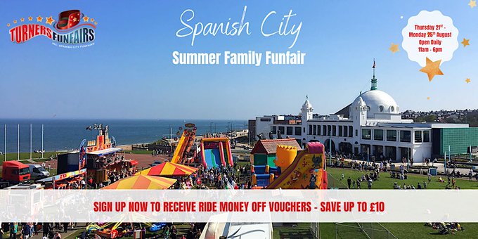 turnersfunfairs's tweet photo. The £10 off ride voucher tickets are now LIVE on Eventbrite - for this August Bank Holiday Weekend's event at Spanish City! Don't miss out! #spanishcity #whitleybay #funfair

https://t.co/CFDTYEH7WT https://t.co/kAzNhy2gzR