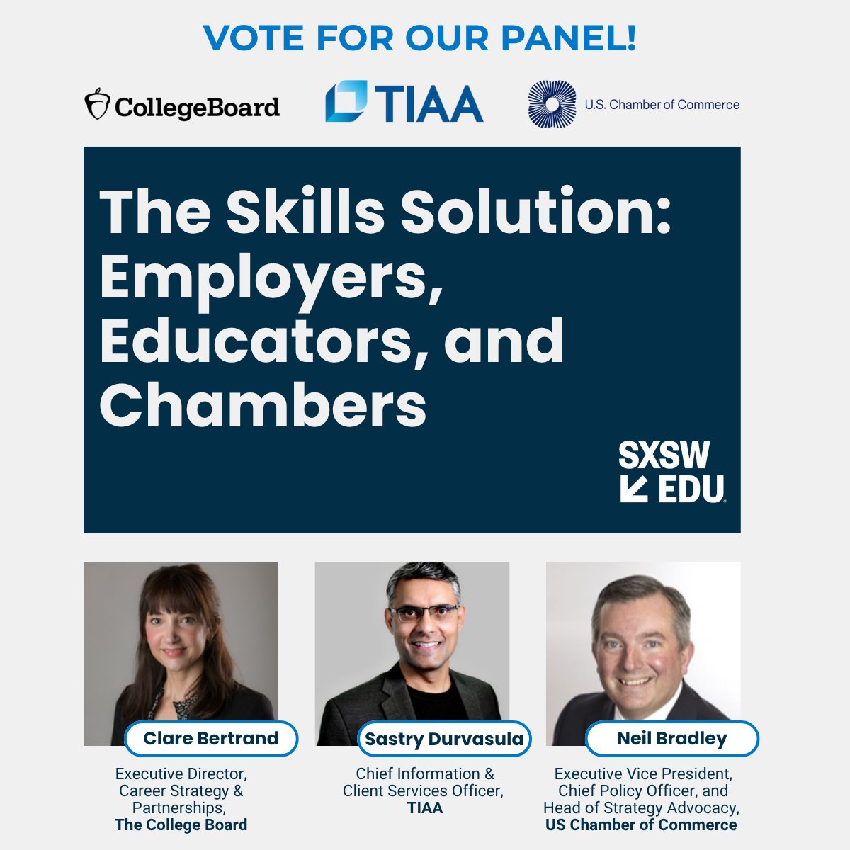 CollegeBoard's tweet photo. How can we scale skills-based learning in the classroom to better equip students for the job market?

We’re proposing our session, “The Skills Solution: Employers, Educators, and Chambers,” for @SXSWEDU 2026. This conversation highlights new research and career readiness strategies from @TIAA, @USChamber, & College Board. 

Learn more 👉 https://t.co/e744pMXp5K 

#careerdev #careerreadiness #STEM #K12
