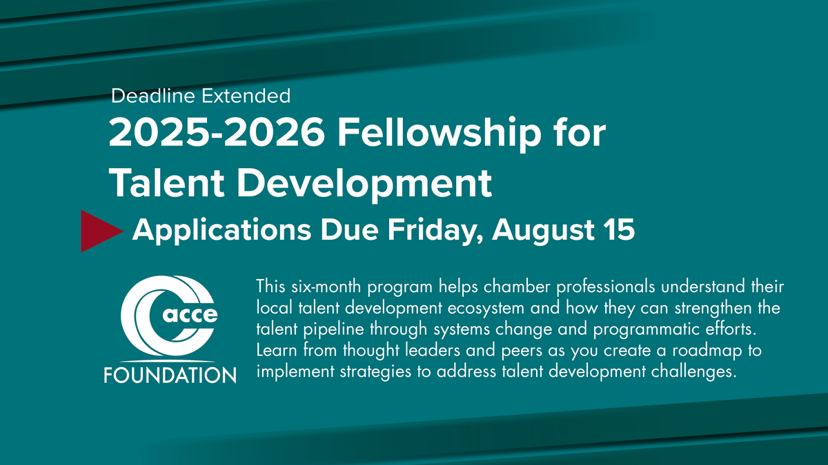 Deadline Extended! Due Friday, August 15
In 6 months, learn how to strengthen your community’s talent pipeline through systems change &amp; programs. Gain insights from thought leaders &amp; peers and build a roadmap to tackle local talent challenges.
bit.ly/ACCEFellowship
