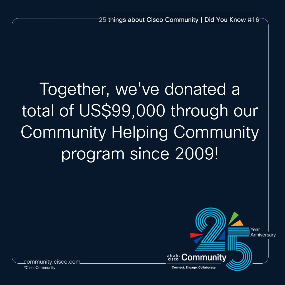 CiscoCommunity's tweet photo. Test how well you know #CiscoCommunity as we celebrate our 25th anniversary!
DYK #16: Since 2009, we've donated US$99K through our #CommunityHelpingCommunity program to support those in need. ๐
๐ฅ https://t.co/ExOETPyp1g
#CiscoCommunity25
How do you give back? ๐ https://t.co/pbZ9SOAKCa