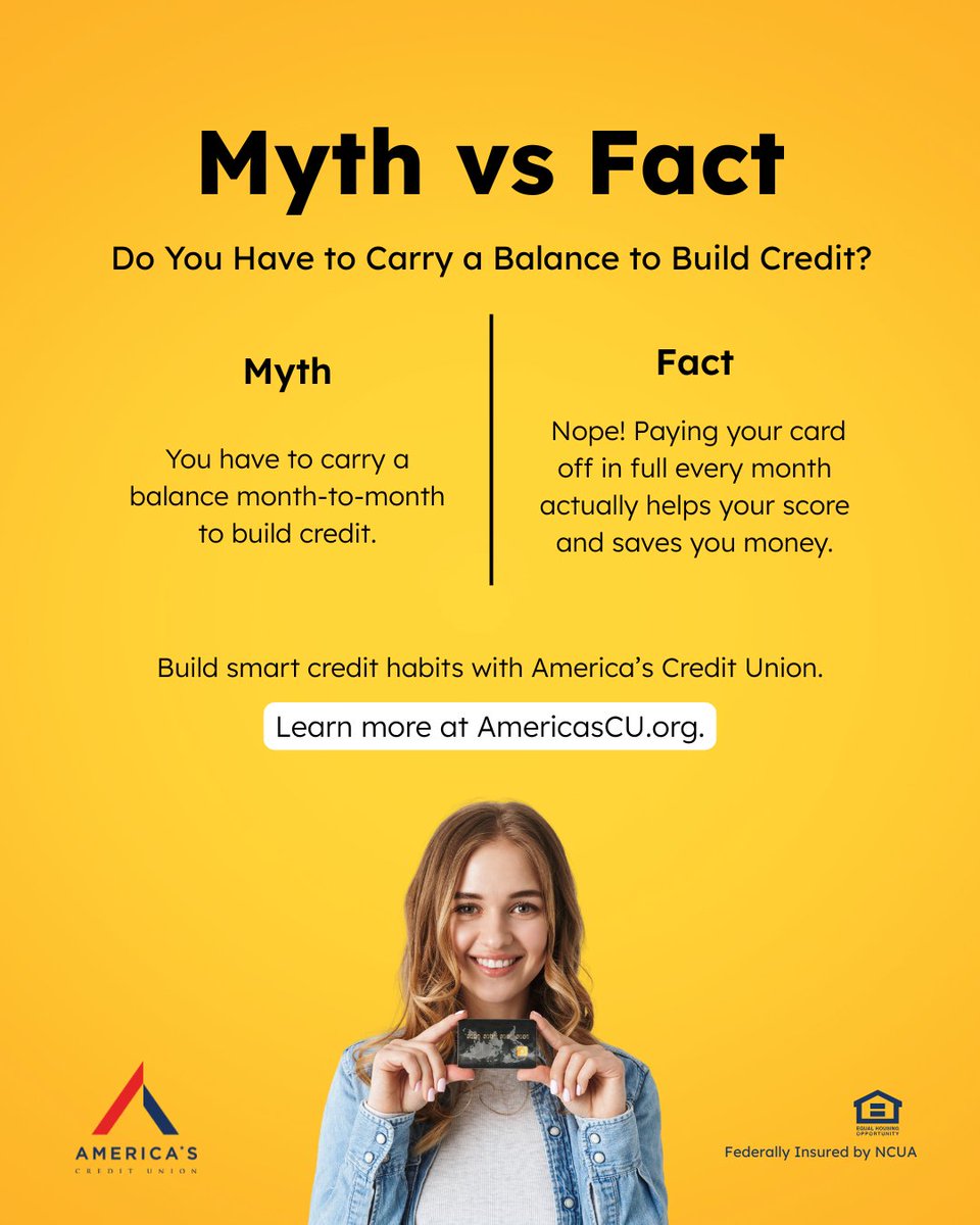 Americas_CU's tweet image. Smart credit habit: Pay off your card monthly!
It boosts your score &amp;amp; saves you interest.

Learn more with America’s Credit Union at AmericasCU.org!
#BuildCredit #SmartChoices #AmericasCreditUnion