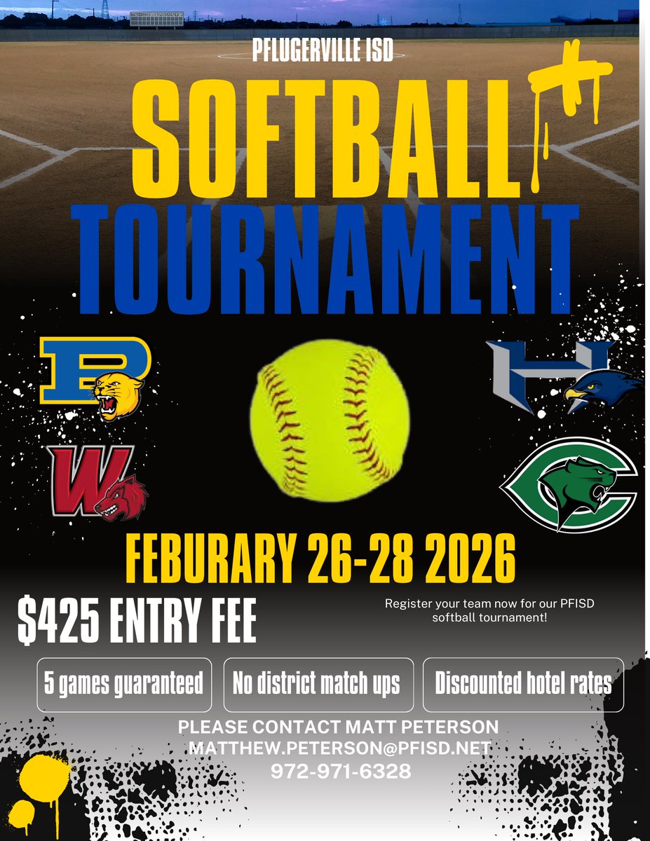 Coach Matt Peterson (@coachmattpfisd) on Twitter photo Only 4 spots left! Discounted hotel rooms including breakfast, guaranteed no district matchups. We have teams from all over the state of varying skill levels. Text me to reserve your spot. <a href="/PfISDAthletics/">PfISD Athletics</a> <a href="/pfisd/">Pflugerville ISD</a> <a href="/phspanthersb/">Pflugerville HS Softball</a> <a href="/uiltexas/">Texas UIL</a> <a href="/TXPrepSoftball/">Texas Prep Softball</a> <a href="/THSCAcoaches/">THSCA</a> <a href="/AustinTGCA/">TGCA</a> Only 4 spots left! Discounted hotel rooms including breakfast, guaranteed no district matchups. We have teams from all over the state of varying skill levels. Text me to reserve your spot. <a href="/PfISDAthletics/">PfISD Athletics</a> <a href="/pfisd/">Pflugerville ISD</a> <a href="/phspanthersb/">Pflugerville HS Softball</a> <a href="/uiltexas/">Texas UIL</a> <a href="/TXPrepSoftball/">Texas Prep Softball</a> <a href="/THSCAcoaches/">THSCA</a> <a href="/AustinTGCA/">TGCA</a>