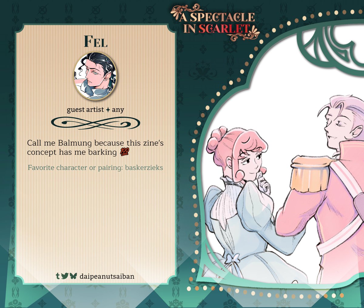 ⛓️SPECIAL GUEST ⛓️

Our next guest in the spotlight is full of spicy surprises, soon to be revealed on our grand stage! Grab your tickets, because you don’t want to miss the ever spectacular <a href="/daipeanutsaiban/">fel 🥜</a>! Their gorgeous art and comics are a sure thrill to any audience. 💘