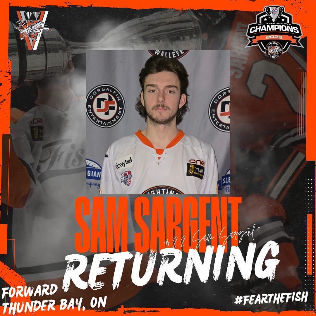🚨Returning🚨

20 year old forward Sam Sargent returns for his 3rd season in the Orange-and-Black! The hard-working two way center had 21 pts in 44 regular season GP in 24-25, and another 7 pts in the playoffs as he helped lead the Fish to the Salonen Cup.

Welcome back, Sarge!