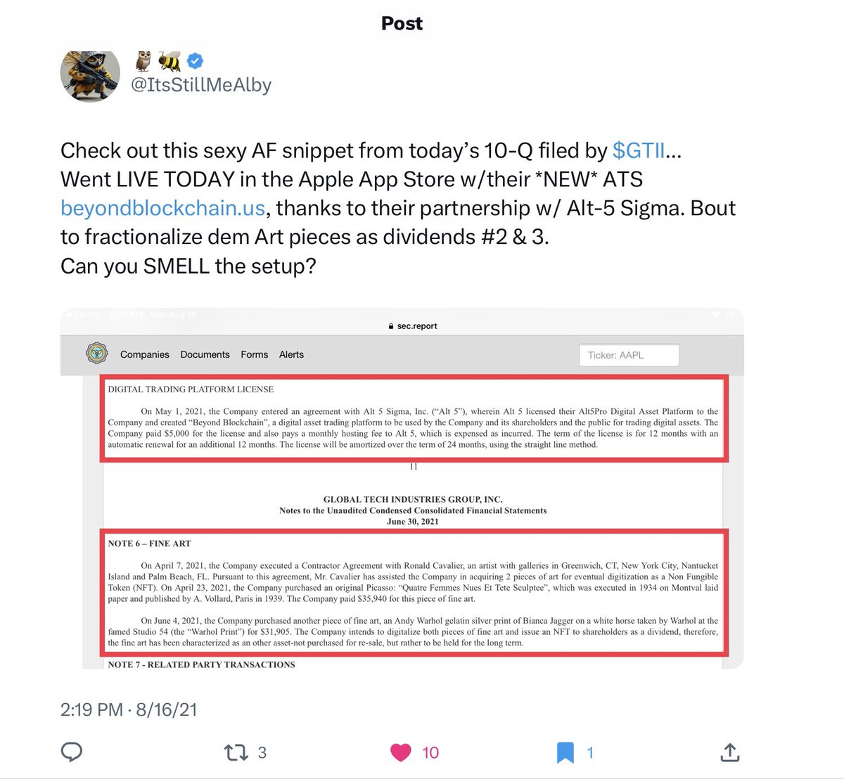 ItsStillMeAlby's tweet image. Remember when $gTii partnered with Alt 5 to develop #BeyondBlockchain, the ATS expected to  assist in the distribution of a #digitaldividend and force #settlement❓

Now Alt 5 is partnering up with the President’s son…