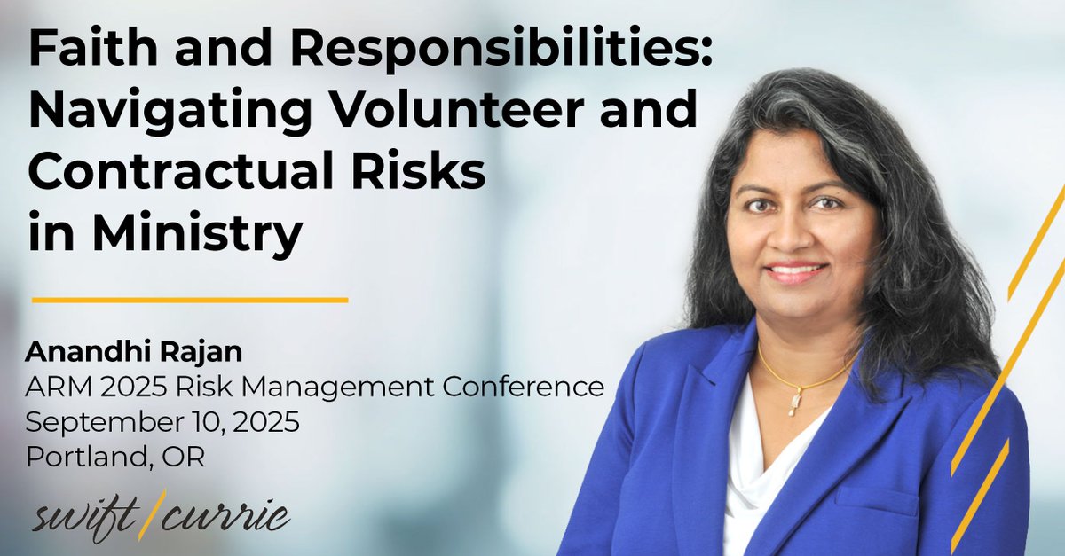 SwiftCurrie's tweet image. Swift Currie partner Anandhi Rajan is headed to Portland! Her presentation will unpack how ministries can protect their mission while managing legal risks tied to volunteers and contractors, without compromising their values. #RMC2025

🔗Learn more: scmh.live/bdd8zuem