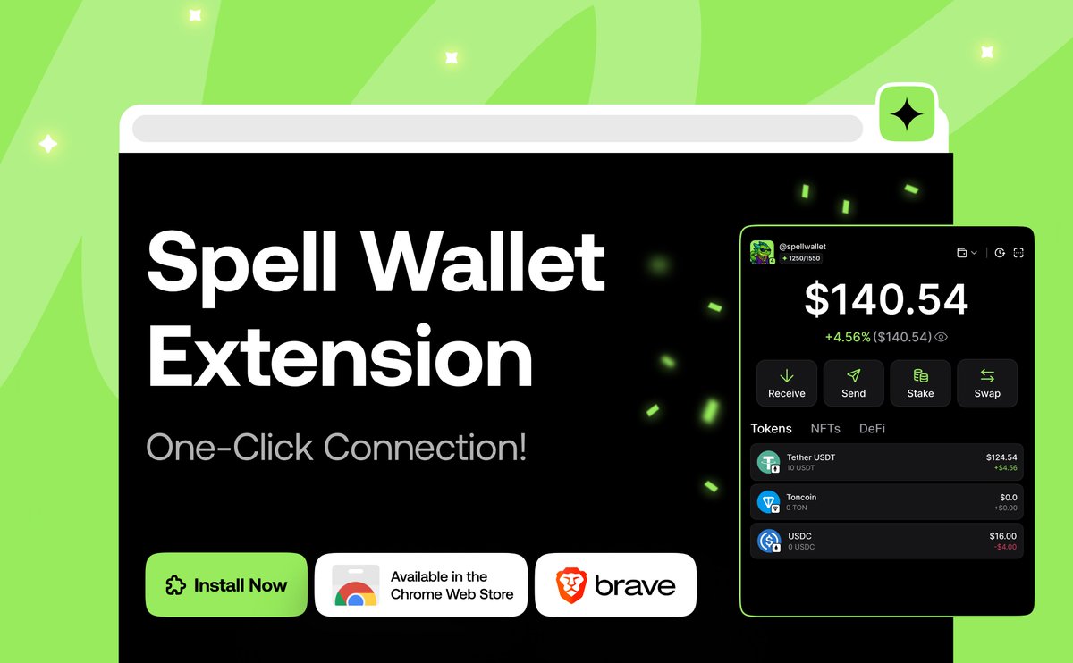 🔥Connect to dApps using the Spell Wallet Extension!

The Spell Wallet Extension lets you use any EVM dApp, without limits.

✅ Just install the Spell Wallet Extension on Chrome or Brave and start connecting - safe and easy!

Install Spell Wallet Extension 👇

🧩 Install Now: