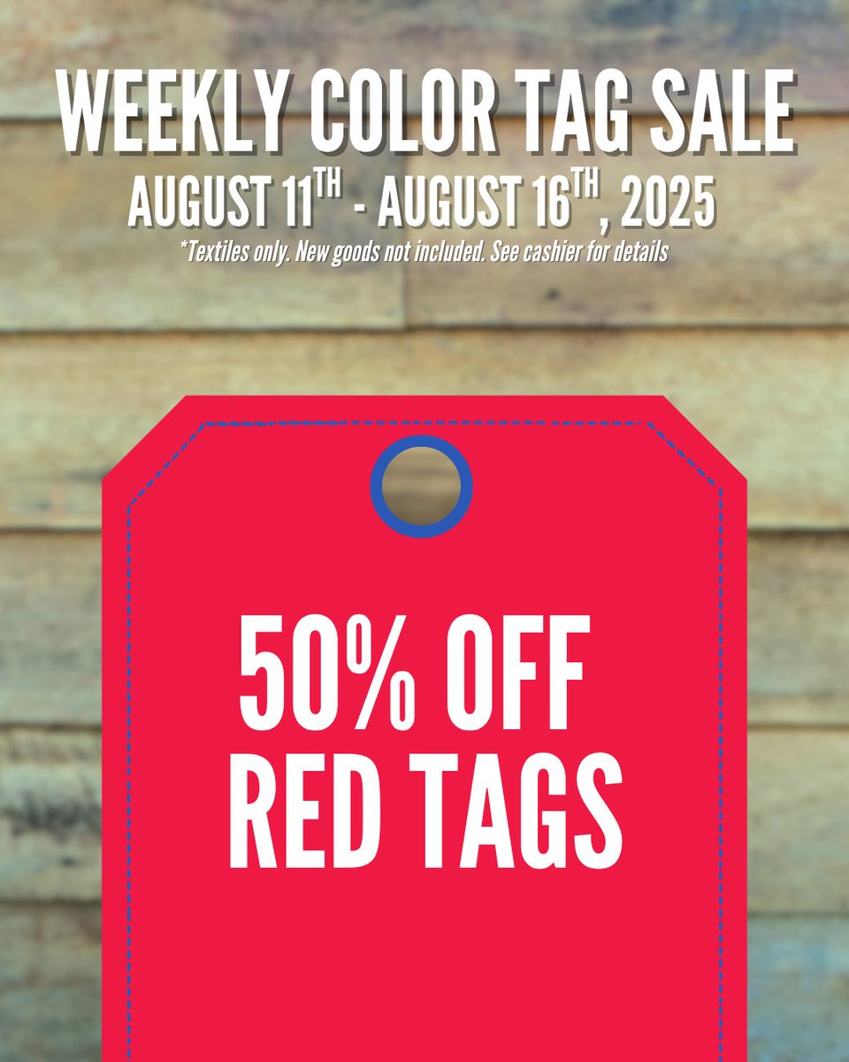 GoodwillNCT's tweet image. See red, save big! 🔴 All red-tagged items are 50% off this week at Goodwill North Central Texas. Don't miss your chance to score amazing deals! goodwillnorthcentraltexas.org/find-a-store #thrift #GoodDeals #discounts