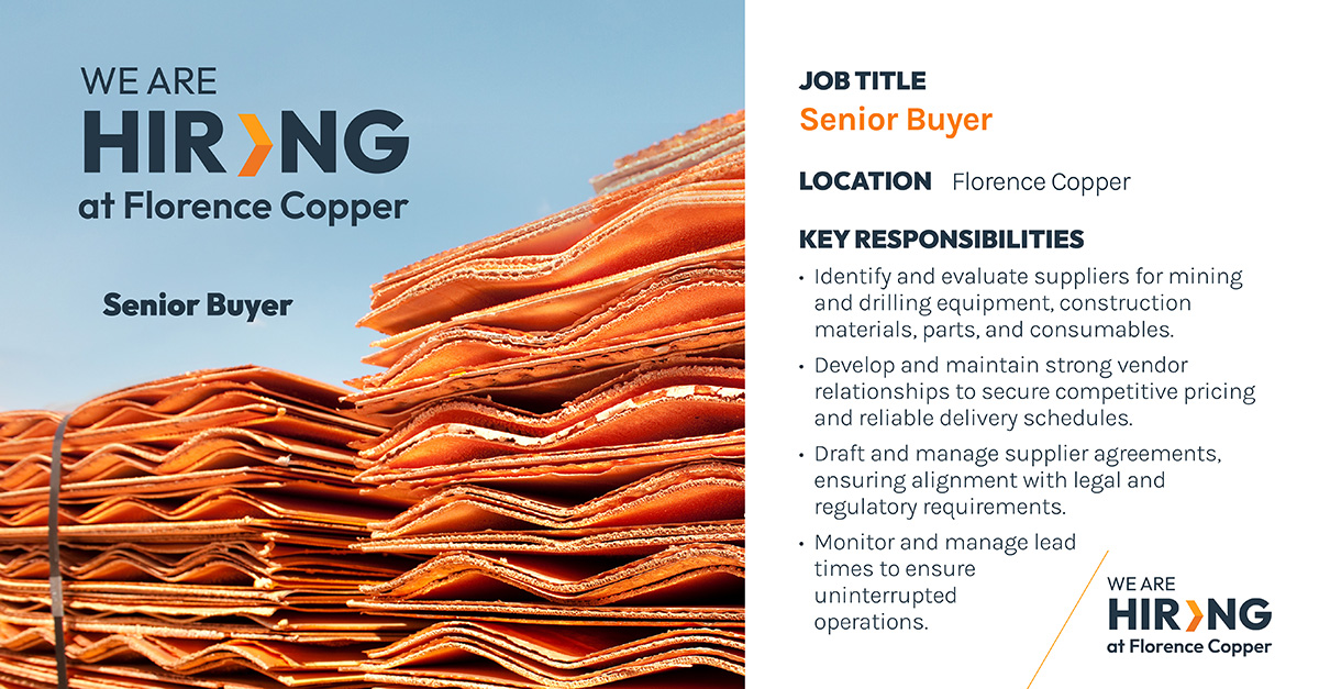 Are you a procurement pro looking for a new challenge? Florence Copper is looking for a Senior Buyer to lead purchasing and supply chain coordination for our site in Florence, Arizona. Apply here: florencecopper.com/careers/?p=job…

<a href="/TasekoMines/">Taseko</a> #hiring #jobs