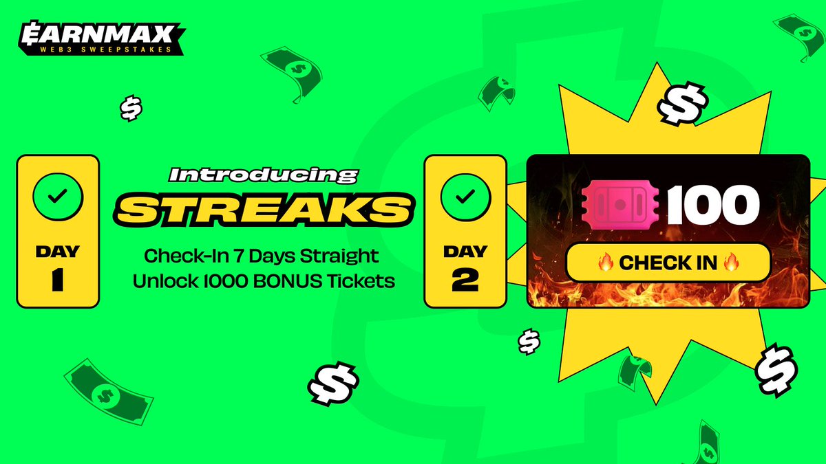 EARNMrewards's tweet image. 💥 New EARNMax alpha just dropped: STREAK MODE
First day check-in = 100 tickets.
7 days = 1,000 bonus tickets 🎟️

It’s like going to the gym… but for degens.

🏃 RUN HERE→ max.earnm.com/dashboard