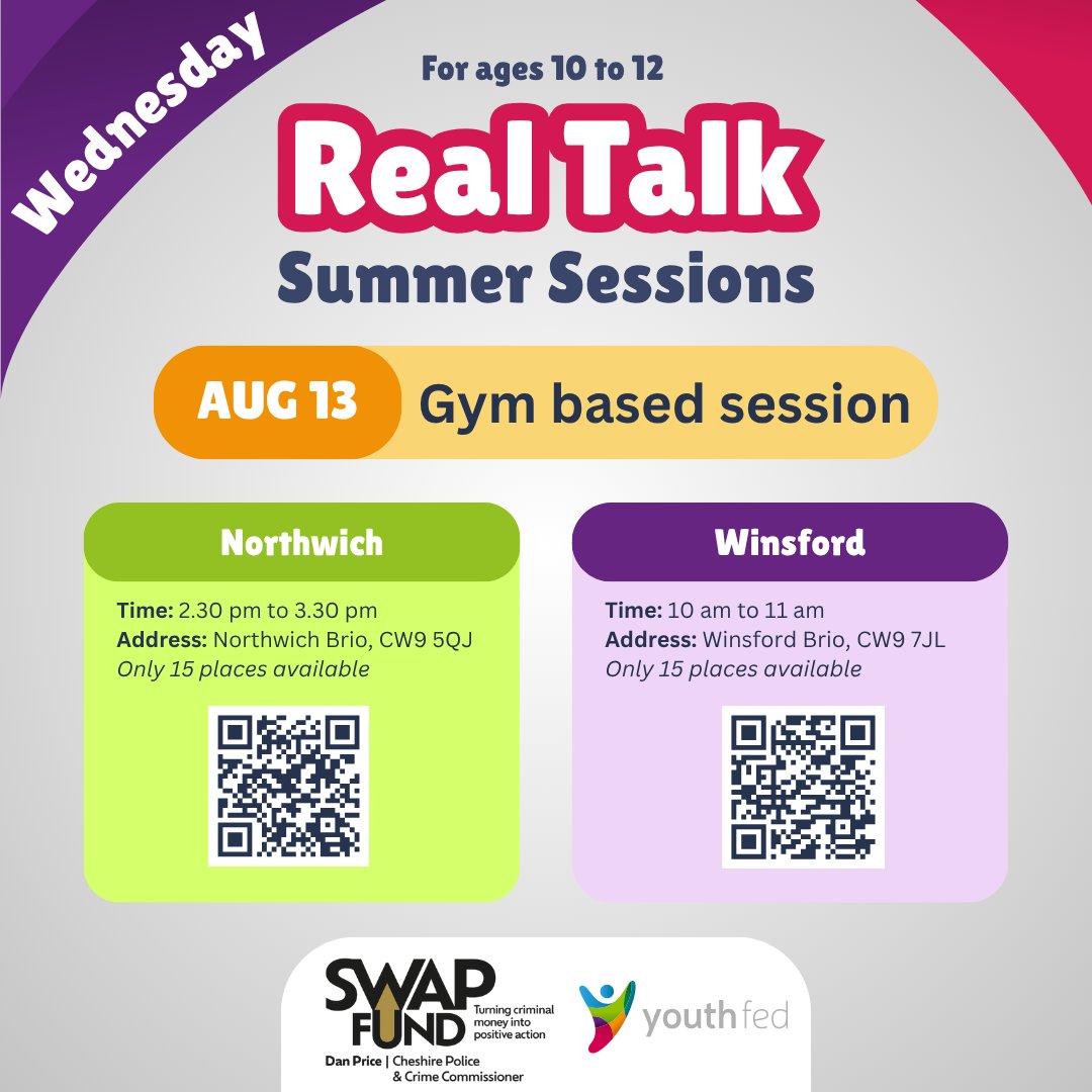 Join us this Wednesday for a FREE gym session in #Northwich &amp; #Winsford! 

Northwich
Sign up: forms.office.com/e/5wUbY2ry7z 

Winsford
Sign up: forms.office.com/e/PNdtGjGEQpon 

Thanks @cheshirepcc through their #SWAPfund