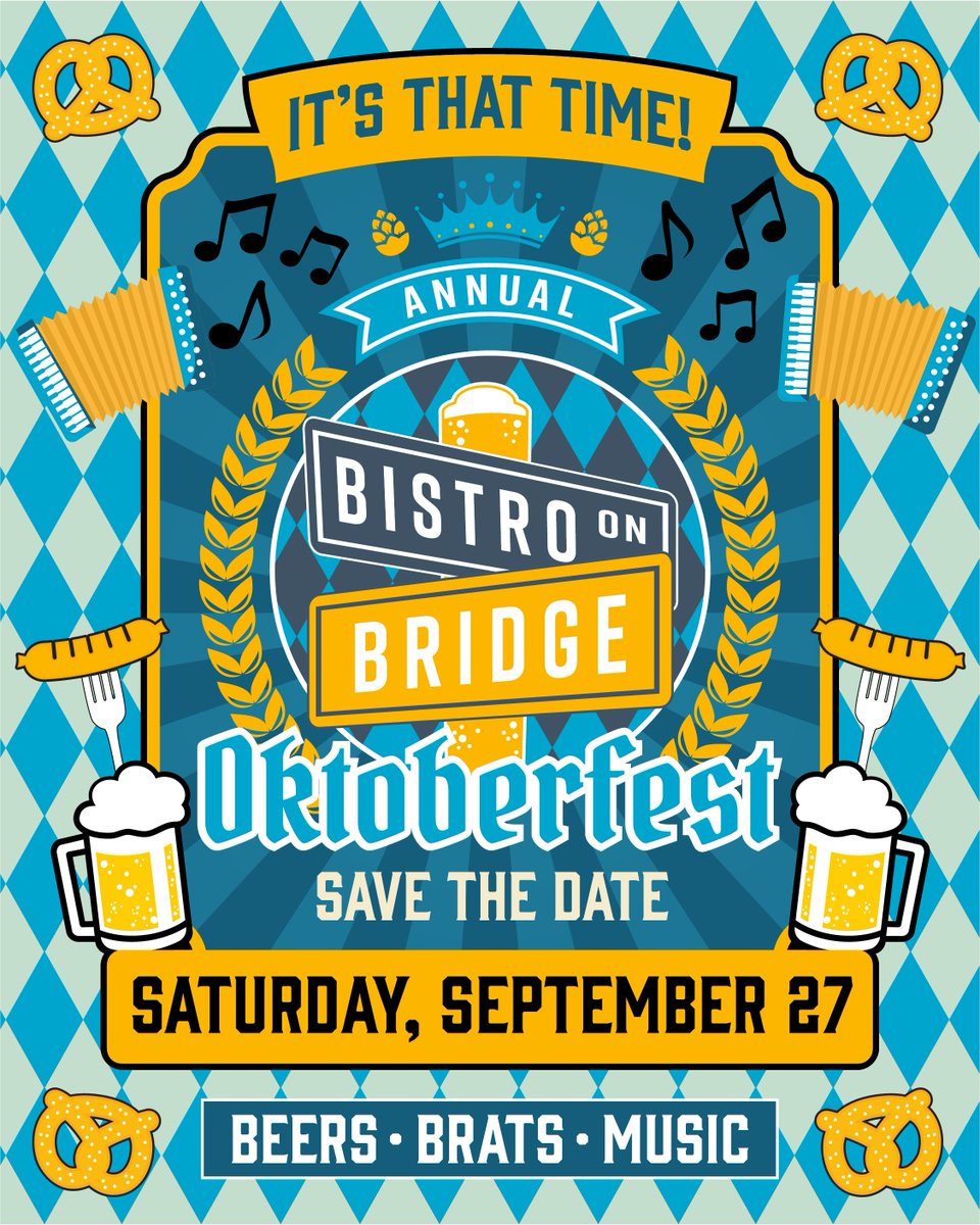 BistroonBridge's tweet photo. SATURDAY, SEPTEMBER 27TH will see the return of our Annual Oktoberfest Celebration with German inspired eats, authentic Bavarian beers, live music &amp; MORE! 🌭 🥨 🍻

#BistroOnBridge #PhoenixvilleEvents #Oktoberfest2025 https://t.co/cCBoAh9uLD