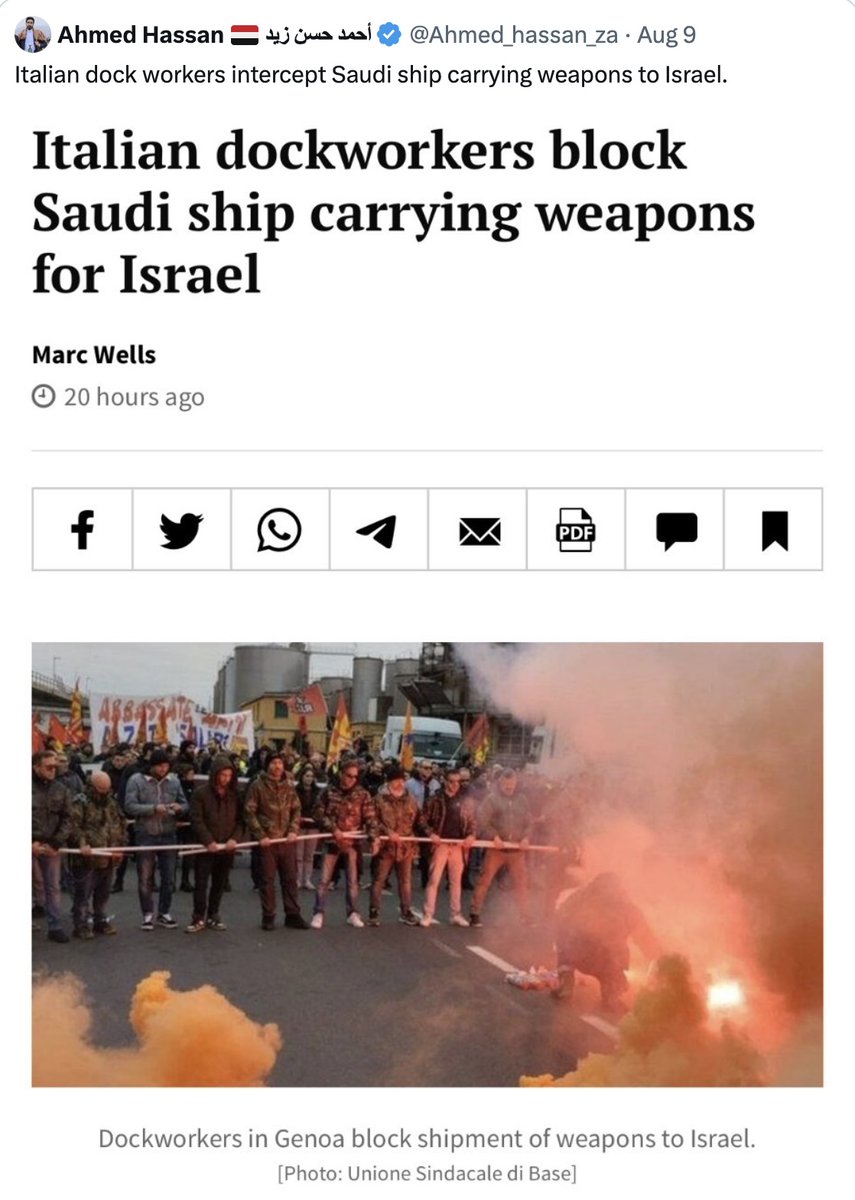 Buruh pelabuhan Italia memblokir kapal Saudi yang membawa senjata untuk di kirim ke Israel. - 😡