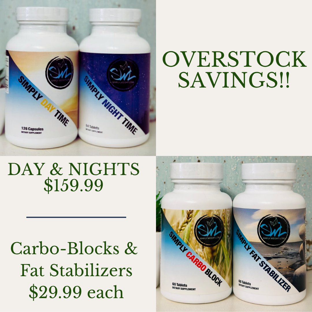 Huge Overstock Savings!! Start Losing with Days &amp; Nights, and Speed up Your Weight Loss with Carbos &amp; Stabilizers!!
1.800.613.3434
#simplyweightloss #weightloss #allnatural #rapidresults #TightenAndTone