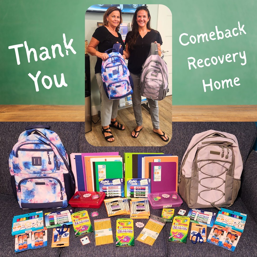 Aomh5's tweet photo. 🎒 Thank you to Comeback Recovery Homes for donating 2 special backpacks filled with school supplies for our AOMH residents!
Special thanks to Meredith Belger, Director of Ops, for delivering them. 💙
📸 Pictured with AOMH’s Twanna Swift.
 #RecoveryWithPurpose #BackToSchool #AOMH https://t.co/tKqirWY9Jw