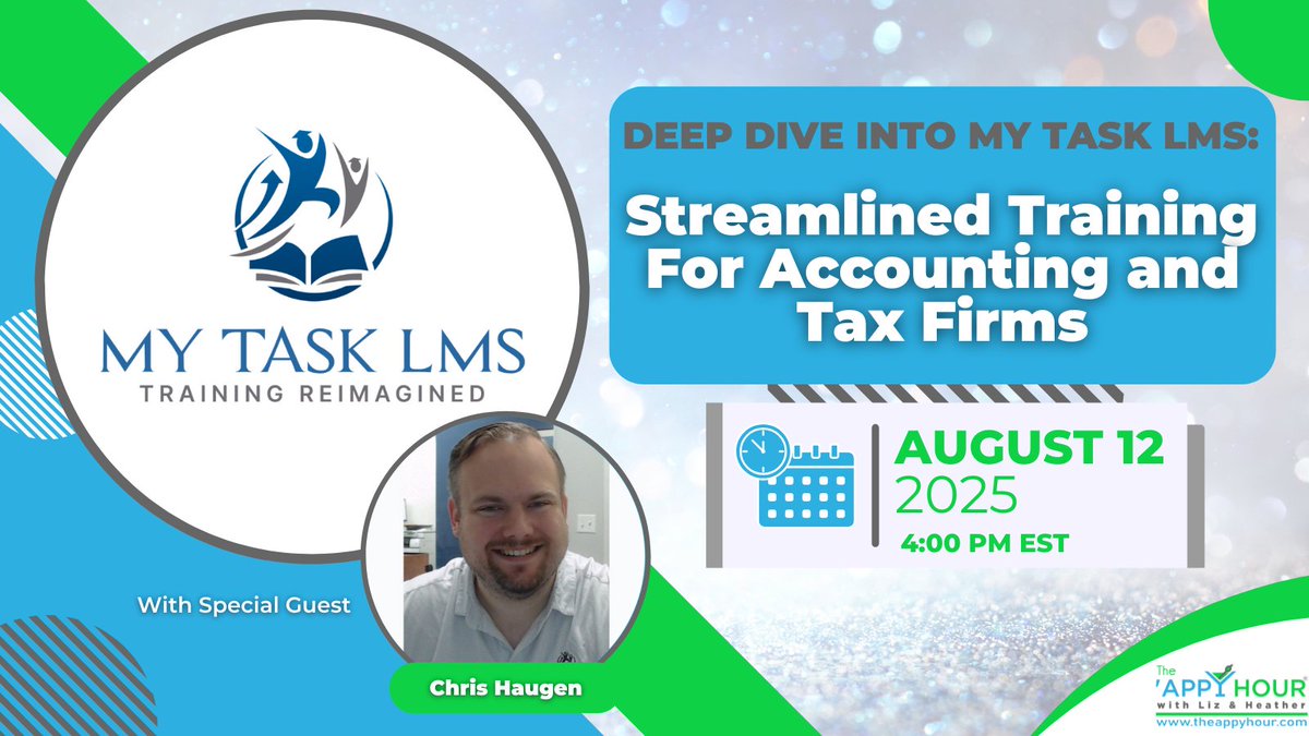 TOMORROW! 🎉 Join us Tuesday, August 12 at 4PM EST for a deep dive into My Task LMS: Streamlined Training for Accounting and Tax Firms with guest Chris Haugen!  Register now: loom.ly/fGsbCfM

#TheAppyHour #MyTaskLMS #FirmSpotlight #AppyHourVibes #AccountingTech #Training