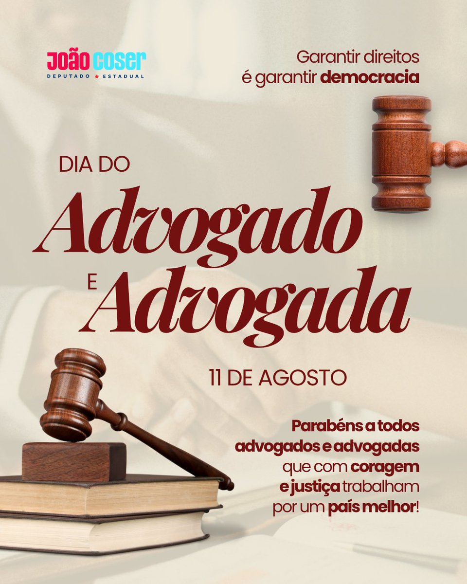 joaoccoser's tweet image. A vocês, advogados e advogadas que atuam pela justiça social, pelos direitos humanos e pela democracia em nosso país, meus parabéns pelo seu dia! 
#advogado #advogada