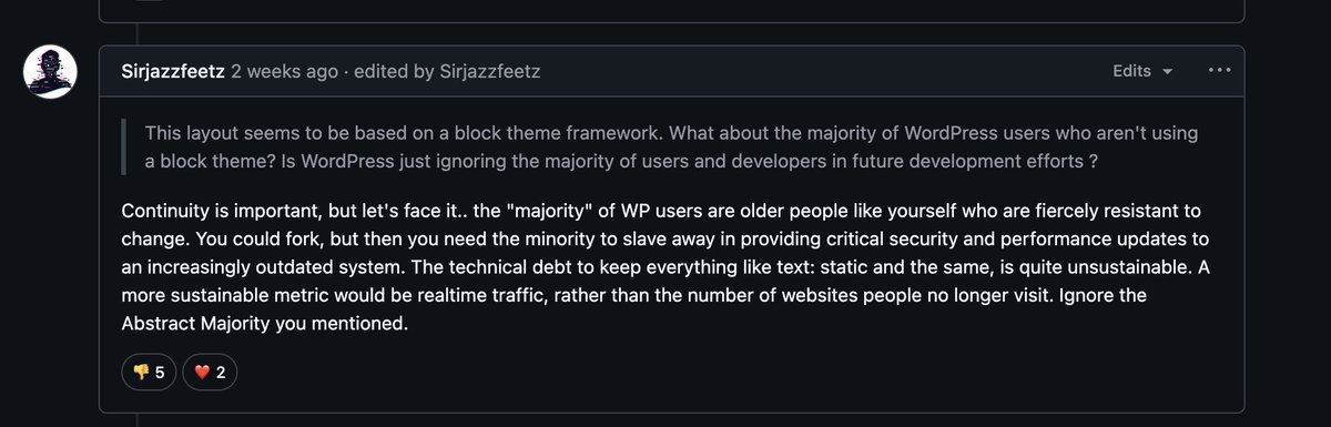 perishable's tweet photo. How it's going: comment on the #WP Admin Area UI redesign planning thread. Guess the 20+ years contributing to #WordPress and helping the community translates to I'm just another old person who is resistant to change. I need to ignore my own needs and just follow the minority. https://t.co/GjX4c8z0Gg