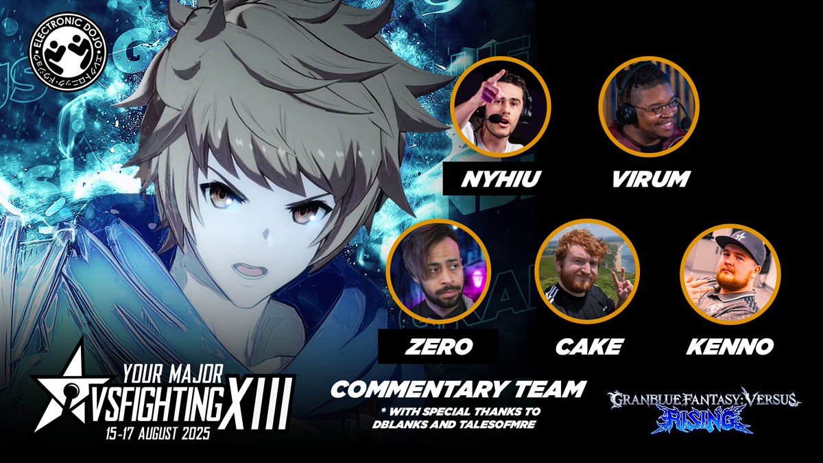 We are pleased to share our commentary team for Granblue Fantasy Versus: Rising at VSFighting XIII!  

Join us on Friday as we kick off our Arc World Tour Gold + event! 🪽  
#AWT25_26 
#GBVSR 
#VSF