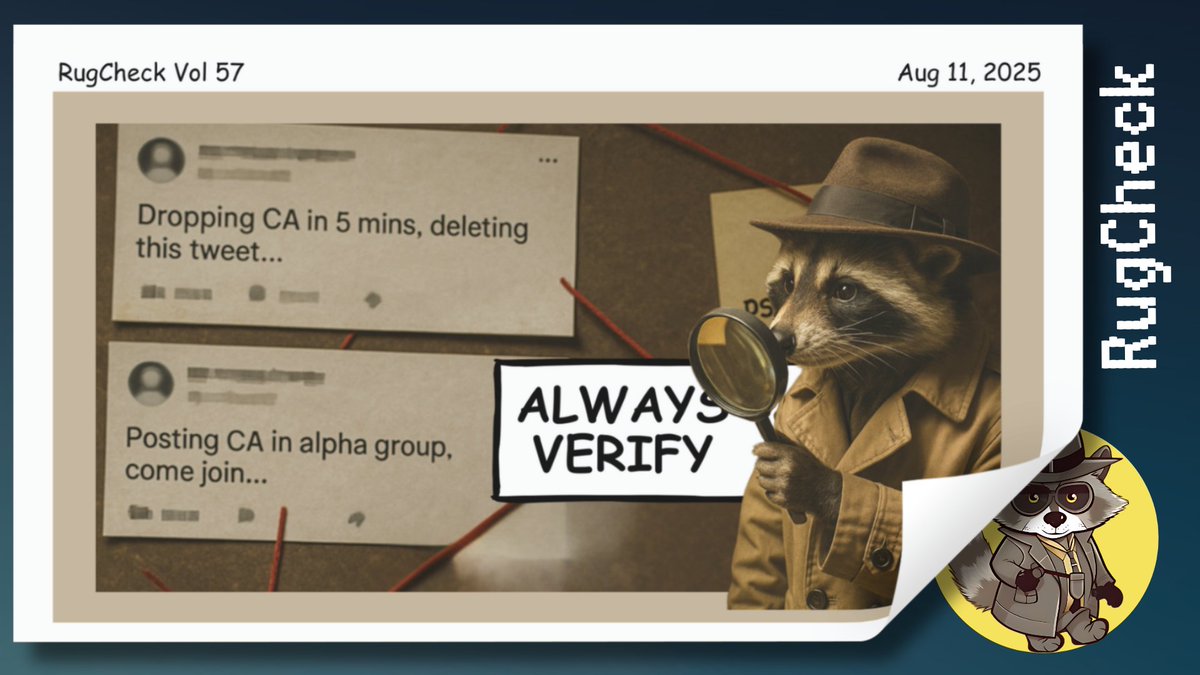 RugCheck illustration warning about FOMO scams with detective raccoon