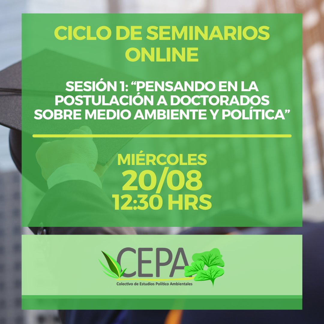 CepaColectivo's tweet photo. 🤓🗓️ Les invitamos a un nuevo Ciclo de Coloquios CEPA 🌱

En esta 1era sesión @seb_carrasco_s nos orientará sobre el proceso de postulación a doctorados sobre medio ambiente y política.

La actividad se realizará en modalidad online el 20 de agosto a las 12:30 hrs🍃 Les esperamos https://t.co/eOXCYQdq2o