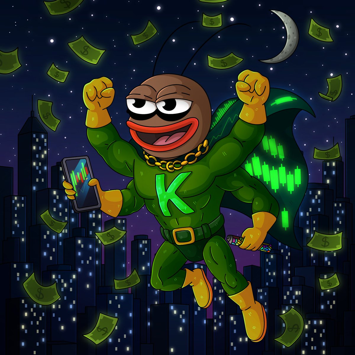 Kokoktheroach's tweet photo. If a roach can fly above the city in a green cape, you can fly above your bagholders 🪳🦸‍♂️ https://t.co/4Be004Uds1