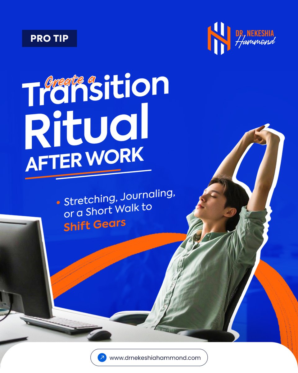 Dr_Hammond's tweet photo. The workday is over, but your peace starts with intention. Build a daily ritual to separate stress from serenity. 🌅
#WorkLifeBalance #TransitionTime #AfterWorkCare #MentalWellness #DrNekeshiaHammond https://t.co/kZiBaUPE0d