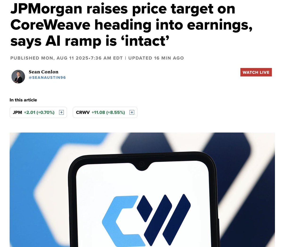 JP Morgan raises CoreWeave $CRWV price target from $66 to $135 and remains  